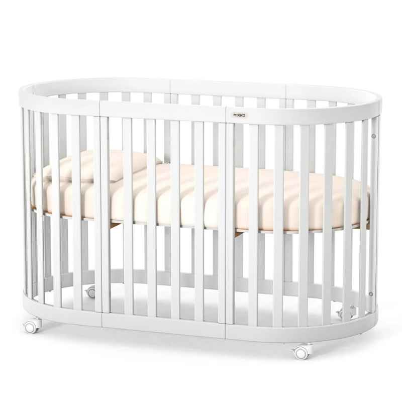 Oválná rostoucí dětská postýlka Mikko Gekko Kids 140x70. Maximální komplet s matrací. Bílá.